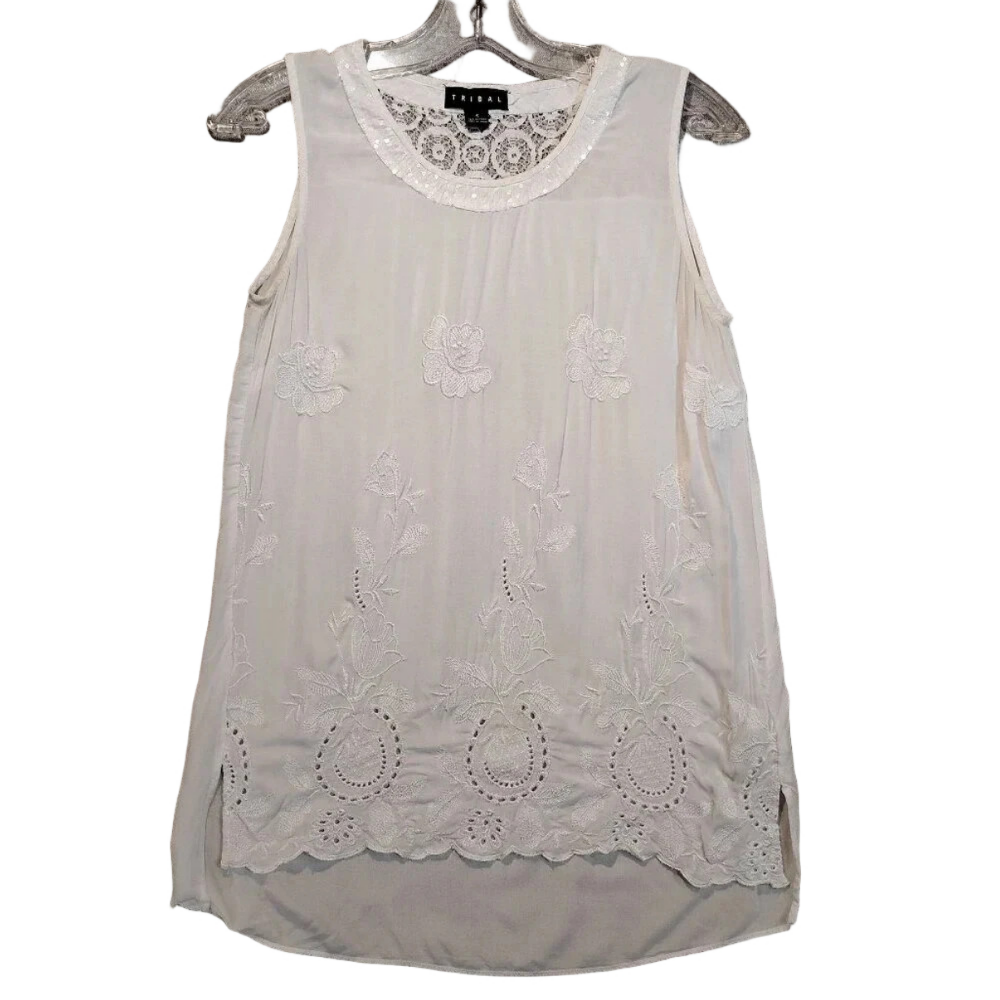 Tribal Women's Sequins & Embroidered  White Tank Top in Size Small